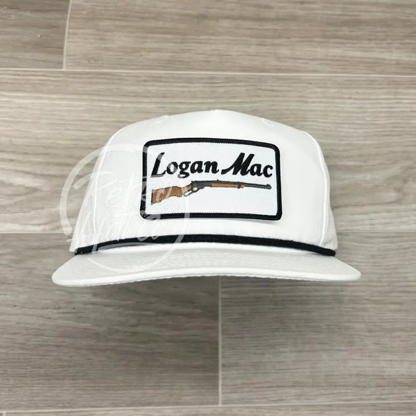 Logan Mac Rifle Patch On White Retro Hat W/Black Rope Black/White Ready To Go