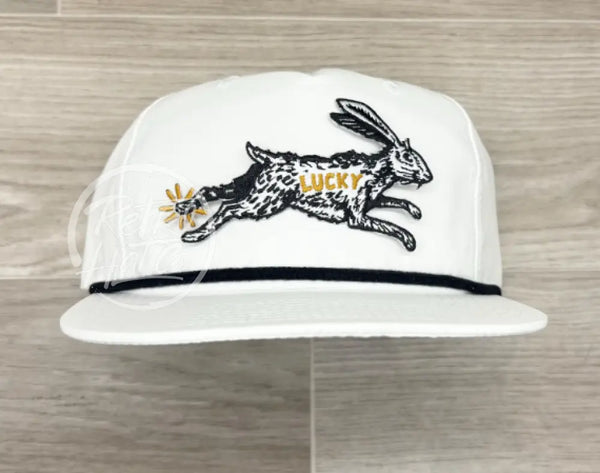 Lucky Rabbit On White Retro Hat W/Black Rope Ready To Go