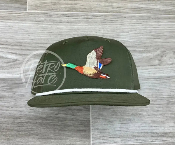 Mallard Duck Patch On Retro Rope Hat Olive W/White Ready To Go