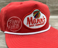 Manns Bait Co. Patch On Red Poly Rope Hat Ready To Go