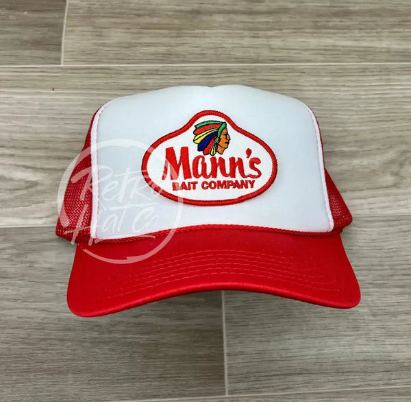 Manns Bait Co. Patch On Red/White Meshback Trucker Hat Ready To Go