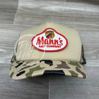 Mann’s Bait Co. Patch On Solid Front Beige / Camo Meshback Trucker Hat Ready To Go