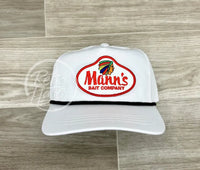 Manns Bait Co. Patch On White Retro Hat W/Black Rope Ready To Go