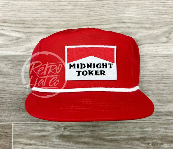 Midnight Toker Patch On Red Retro Poly Rope Hat Ready To Go