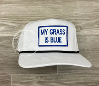 My Grass Is Blue Patch On Retro Rope Hat White W/Black Ready To Go