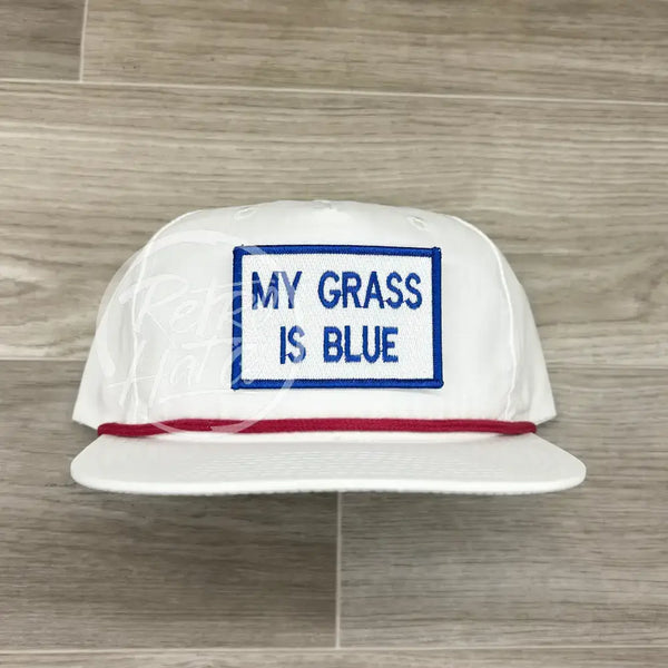 My Grass Is Blue Patch On White Retro Hat W/Red Rope Ready To Go