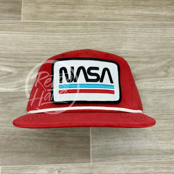 Nasa (Underline) Patch On Red Retro Hat W/White Rope Ready To Go