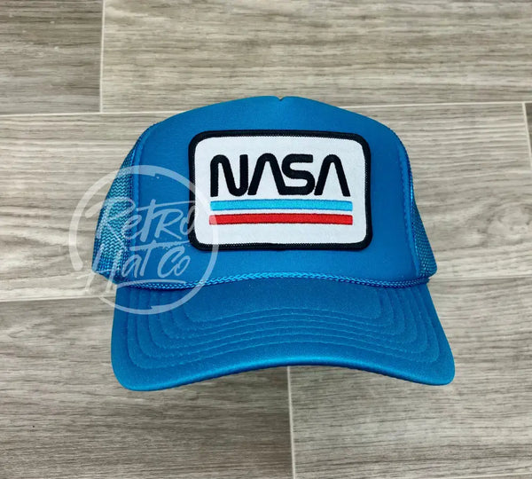 Nasa (Underline) Patch On Turquoise Meshback Trucker Hat Ready To Go