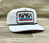 Nasa (Underline) Patch On White Retro Hat W/Black Rope Ready To Go