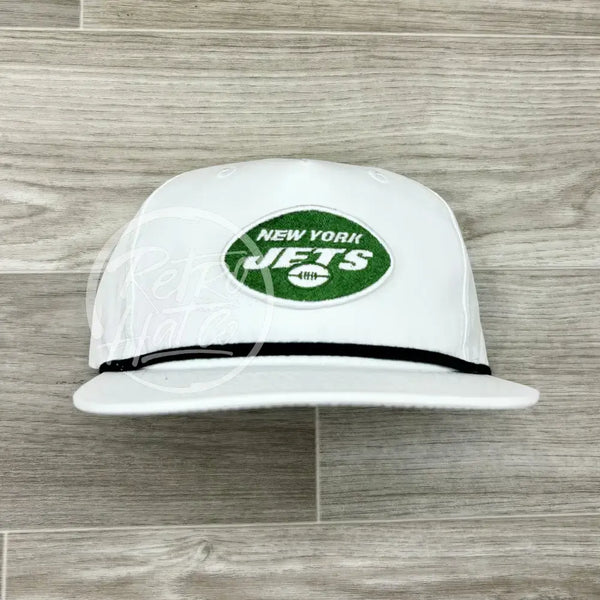 New York Jets Oval Patch on White Retro Hat w Black Rope