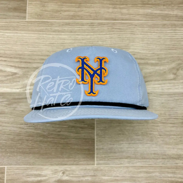 New York Mets Ny Patch On Baby Blue Retro Hat W/Black Rope Ready To Go