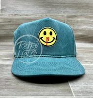 Nosebleed Smiley Face Emoji Patch On Teal Stonewashed Retro Rope Hat Ready To Go