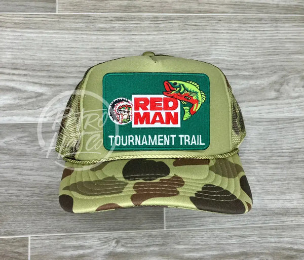 Red Man Fishing Patch On Solid Front Camo Meshback Trucker Hat Ready To Go