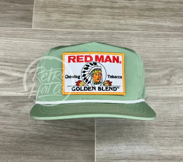 Red Man Golden On Sage Green Poly Rope Hat Ready To Go