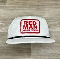 Red Man (Square) Patch On White Retro Hat W/Black Rope Ready To Go