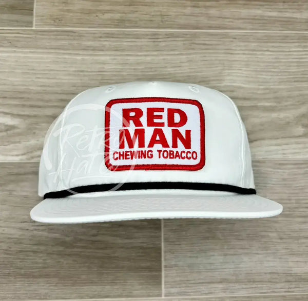 Red Man (Square) Patch On White Retro Hat W/Black Rope Ready To Go