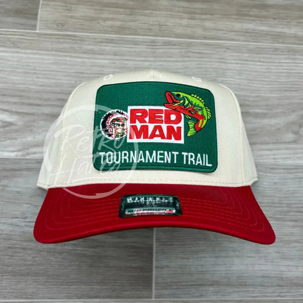 Red Man Tournament Trail Fishing Patch On Natural/Red Retro Hat Ready To Go