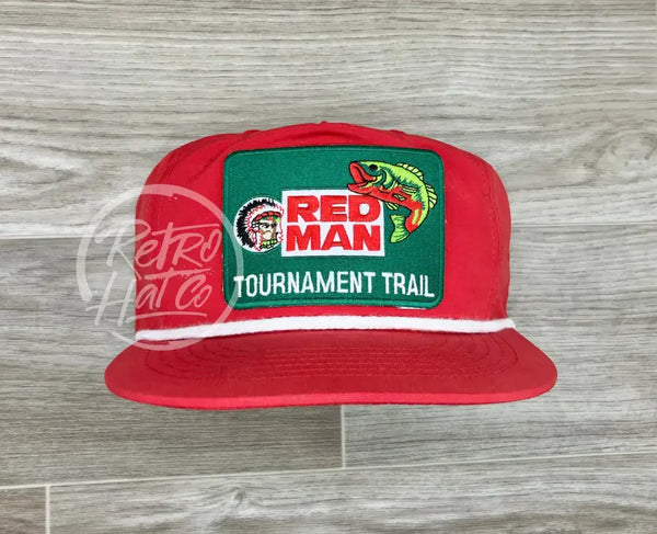 Red Man Tournament Trail Fishing Patch On Poly Retro Rope Hat Ready To Go
