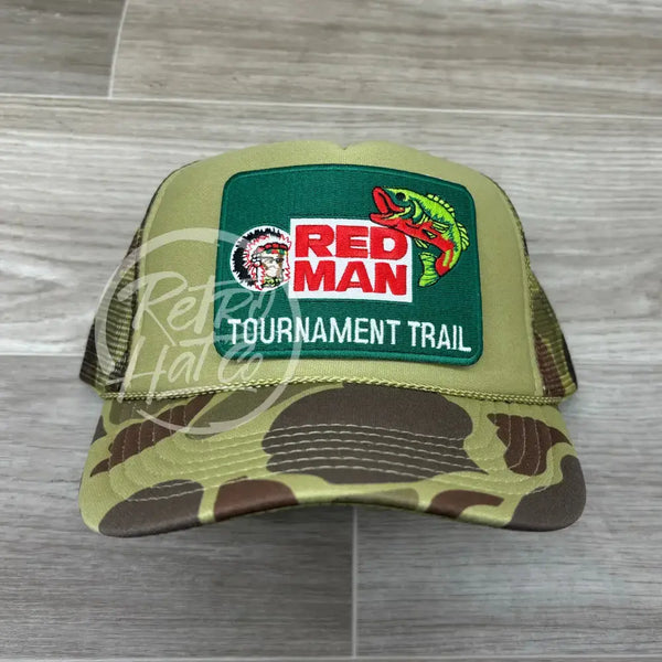 Red Man Tournament Trail Fishing Patch On Solid Front Meshback Trucker Hat Ready To Go
