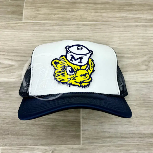 Retro 1940S-60S Michigan Wolverines Patch On Navy/White Meshback Trucker Hat Ready To Go