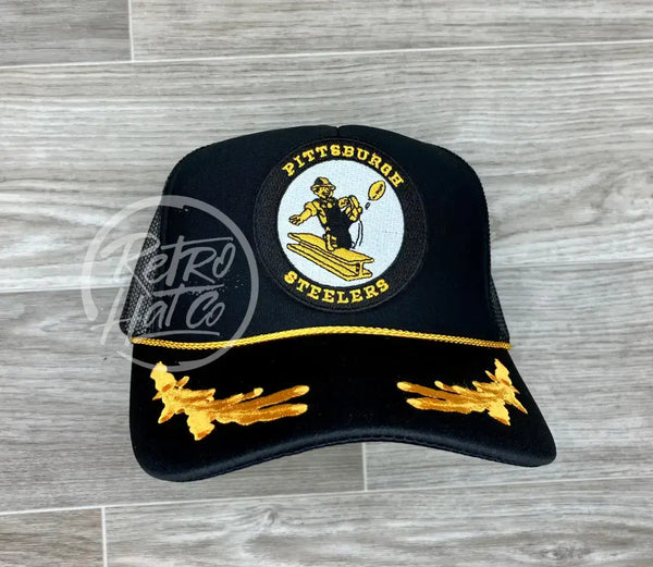 Retro 60S Pittsburgh Steelers Circle Patch On Black Meshback Trucker Hat W/ Scrambled Eggs Ready To