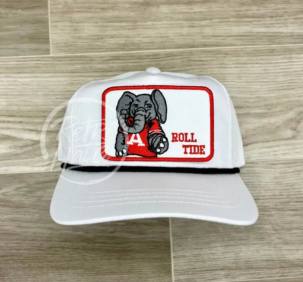 Retro Alabama / Roll Tide Patch On White Hat W/Black Rope Ready To Go