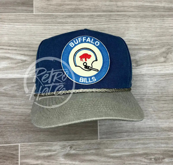 Retro Buffalo Bills Helmet Crest On Stonewashed Indigo/Sand Rope Hat Ready To Go