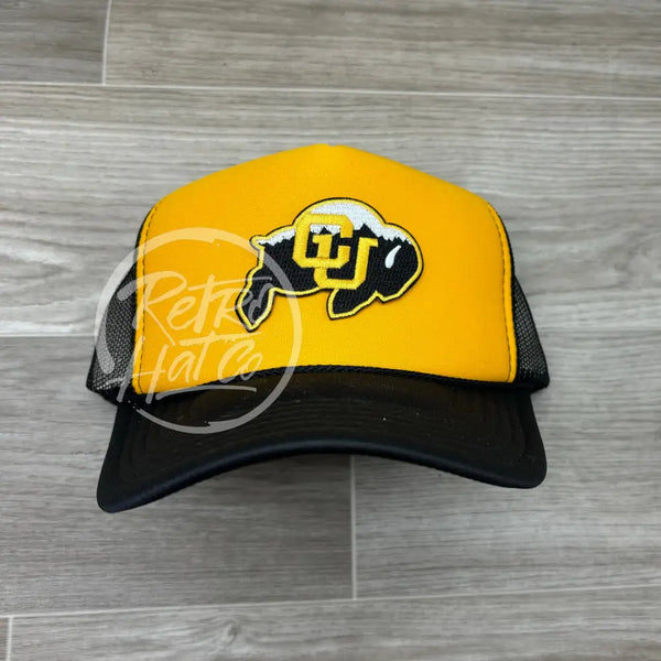 Retro Colorado Buffaloes Cu Patch On Black/Gold Meshback Trucker Hat Ready To Go