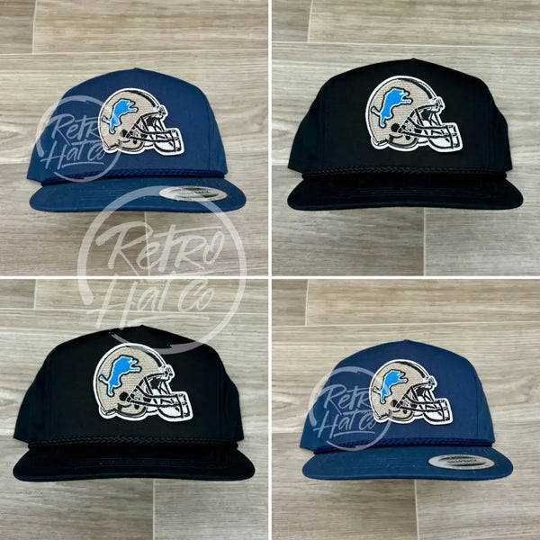 Retro Detroit Lions Helmet Patch On Blue Classic Rope Hat Ready To Go