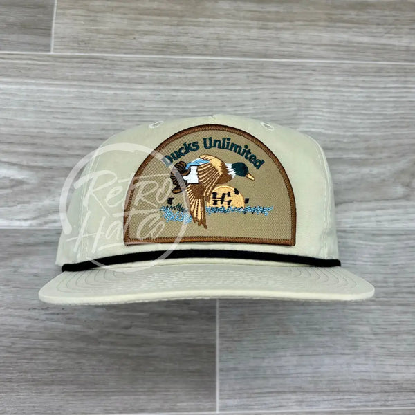 Retro Ducks Unlimited On Beige Hat W/Black Rope Ready To Go