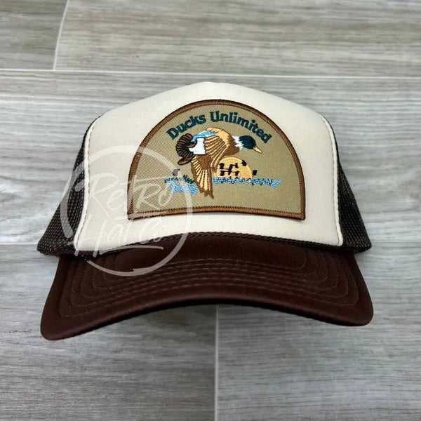 Retro Ducks Unlimited On Brown/Beige Meshback Trucker Hat Ready To Go