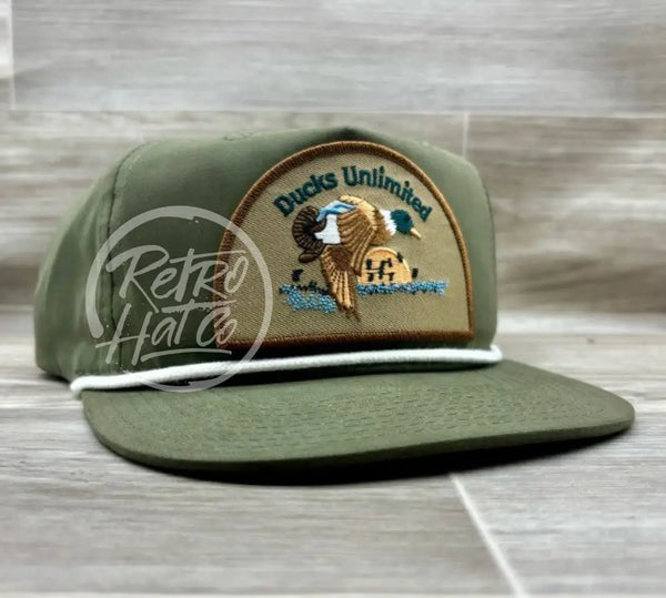 Retro Ducks Unlimited On Olive Hat W/White Rope Ready To Go