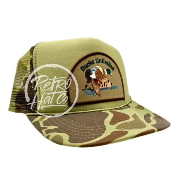 Retro Ducks Unlimited On Solid Front Camo Meshback Trucker Hat Ready To Go