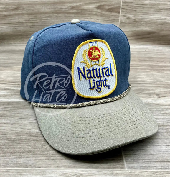 Retro Gold Natural / Natty Light Beer Patch On Indigo/Sand Stonewashed Rope Hat With Snapback Ready