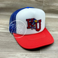 Retro Kansas Jayhawks Ku Patch On Red/White/Blue Meshback Trucker Hat Ready To Go