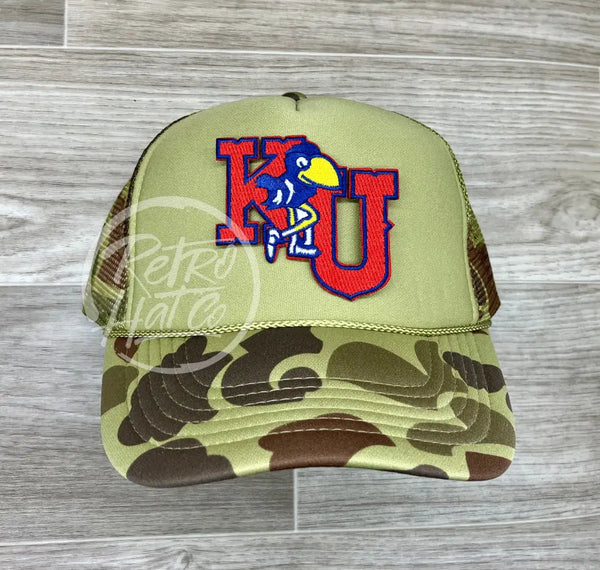 Retro Kansas Jayhawks Ku Patch On Solid Front Camo Meshback Trucker Hat Ready To Go