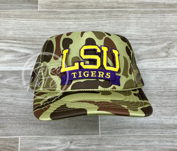 Retro Lsu Tigers Banner On Full Camo Meshback Trucker Hat Ready To Go