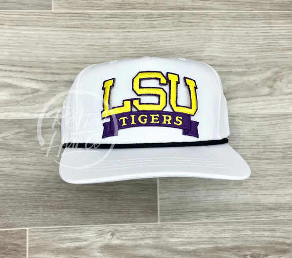 Retro Lsu Tigers Banner On White Hat W/Black Rope Ready To Go