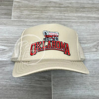 Retro Oklahoma Sooners Arch On Beige Meshback Trucker Hat Ready To Go