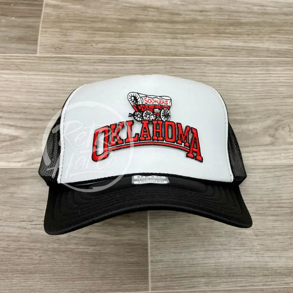 Retro Oklahoma Sooners Arch On Black/White Meshback Trucker Hat Ready To Go