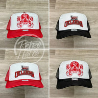 Retro Oklahoma Sooners Arch On Red/White Meshback Trucker Hat Ready To Go