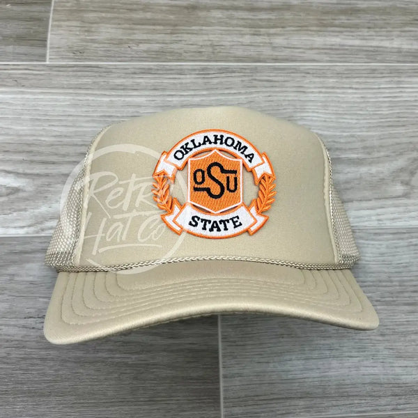 Retro Oklahoma State / Osu Cowboys Crest On Beige Meshback Trucker Hat Ready To Go