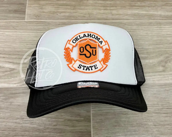 Retro Oklahoma State / Osu Cowboys Crest On Black/White Meshback Trucker Hat Ready To Go