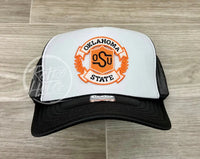 Retro Oklahoma State / Osu Cowboys Crest On Black/White Meshback Trucker Hat Ready To Go