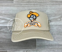 Retro Oklahoma State / Pistol Pete Osu Cowboys On Beige Meshback Trucker Hat Ready To Go