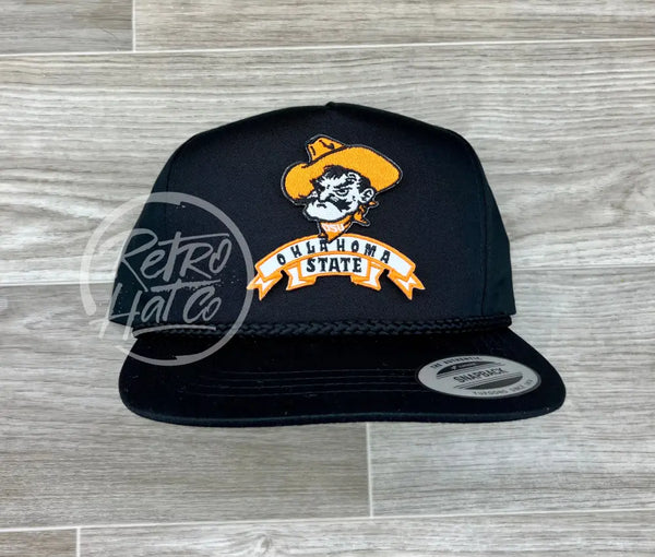 Retro Oklahoma State / Pistol Pete Osu Cowboys On Black Poly Rope Hat Ready To Go