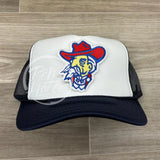 Retro Ole Miss Colonel Reb On Navy/White Meshback Trucker Hat Ready To Go