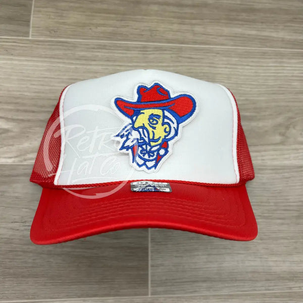 Retro Ole Miss Colonel Reb On Red/White Meshback Trucker Hat Ready To Go