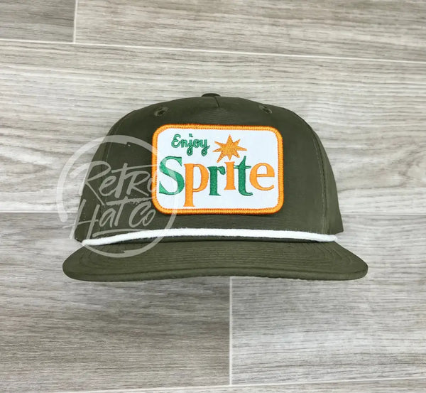 Retro Sprite Patch On Olive Hat W/White Rope Ready To Go