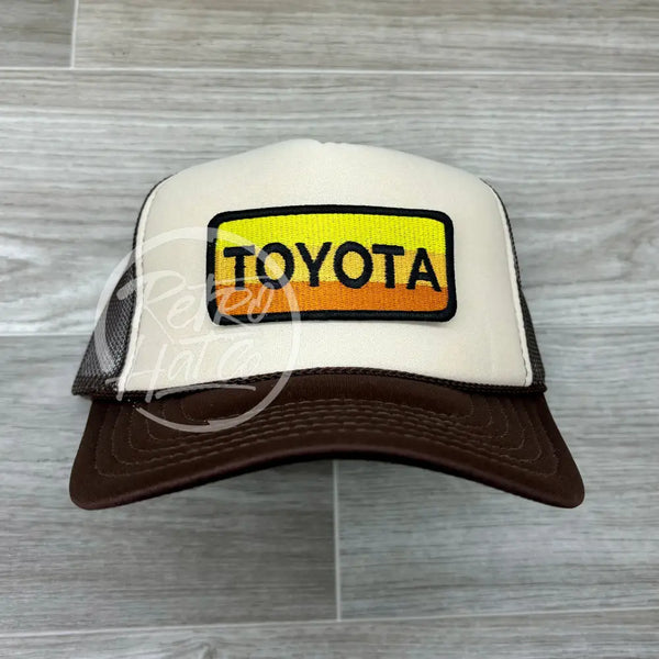 Retro Toyota Patch On Brown/Beige Trucker Hat Ready To Go